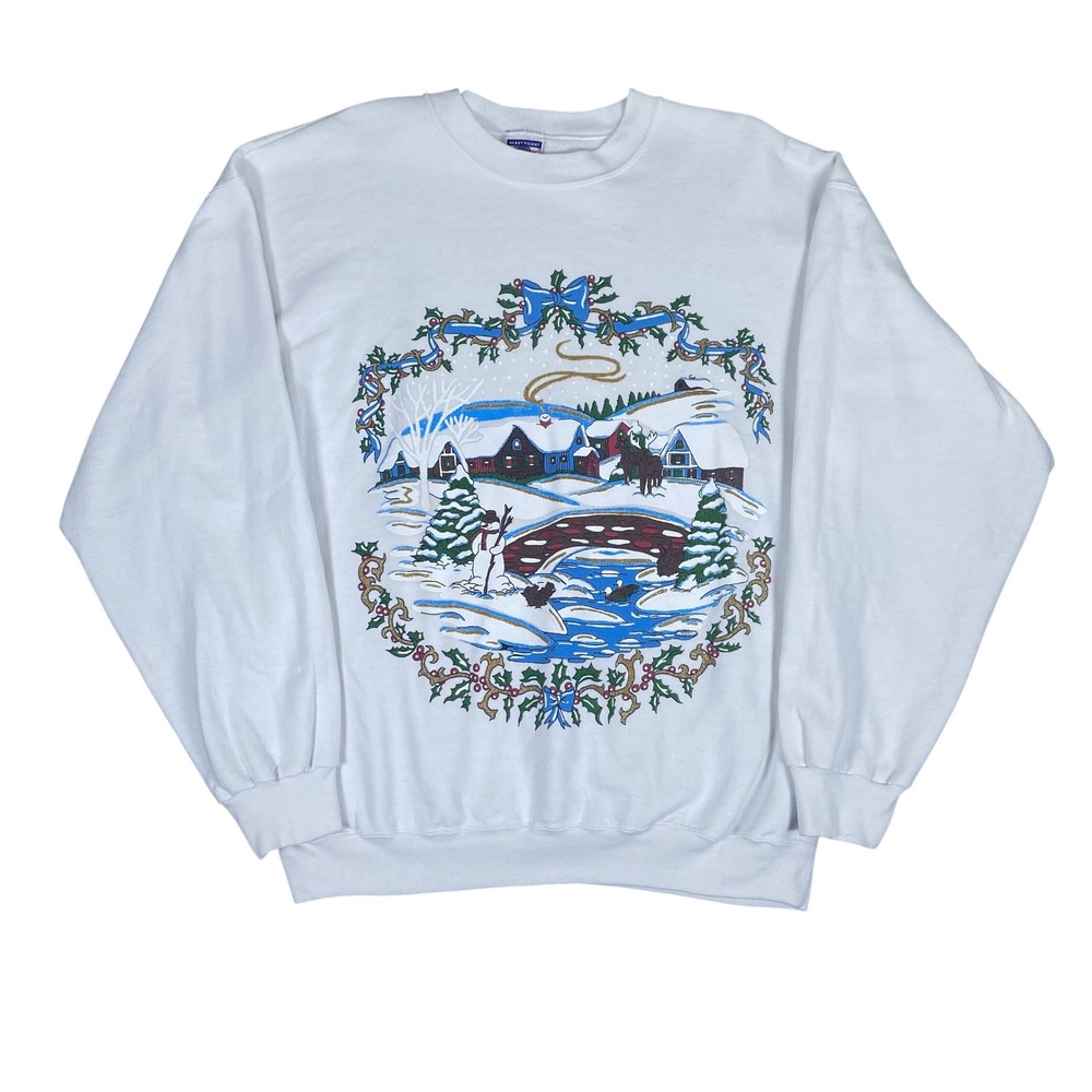 Vintage Hanes Sweatshirt Womens XL White Winter Village